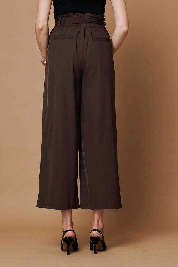 Brown | Tie Front High Waist Wide Leg Trousers
