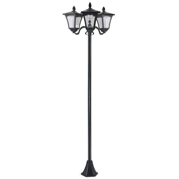 Black Victorian-style solar post lantern with multi-panel lantern head on tall pole