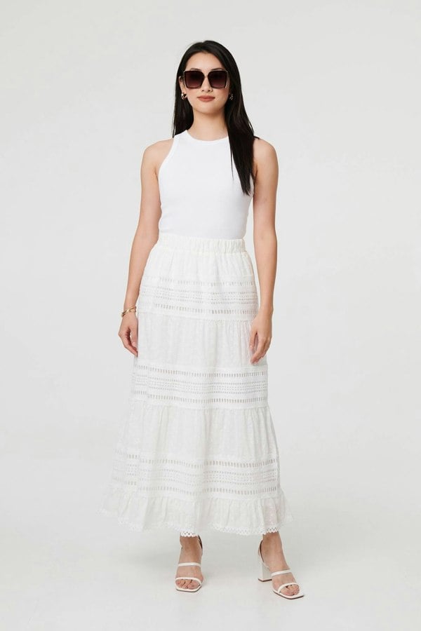 White | High Waist Lace Trim Tiered Maxi Skirt
