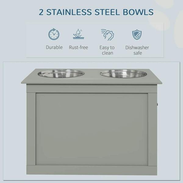 Grey pet feeder featuring two stainless steel bowls set into a storage cabinet.