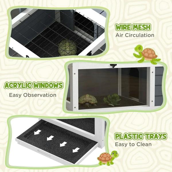 Tortoise habitat table with wire mesh basking section, clear viewing window, and pull tray.