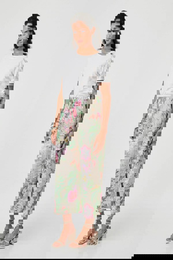 Beige | Floral Stretchy High Waist Crop Trousers
