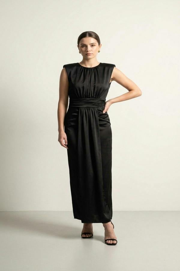 Nadia Sleeveless Gathered Maxi Dress With Drape - Black