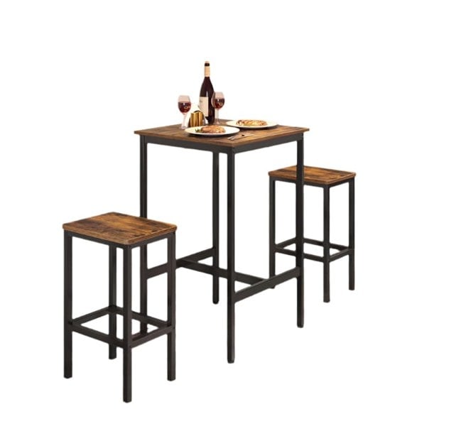 Modcraft Compact Dining Table and 2 Chairs Set with Footrests, Industrial Style, Rustic Brown and Black