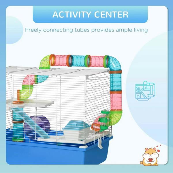 Hamster activity center cage with colorful tubes connected across multiple levels
