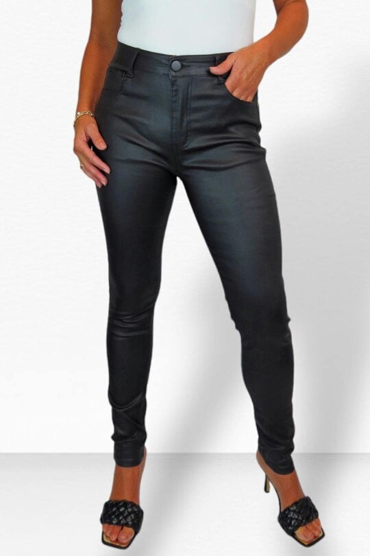 Paulo Due Womens Skinny Coated Leather Look Jeans - Black