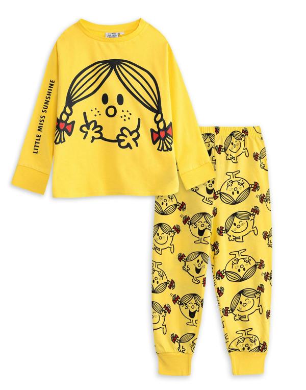 Vanilla Underground Mr. Men & Little Miss Girls Yellow Sunshine Long Sleeve Long Leg Pyjama Set