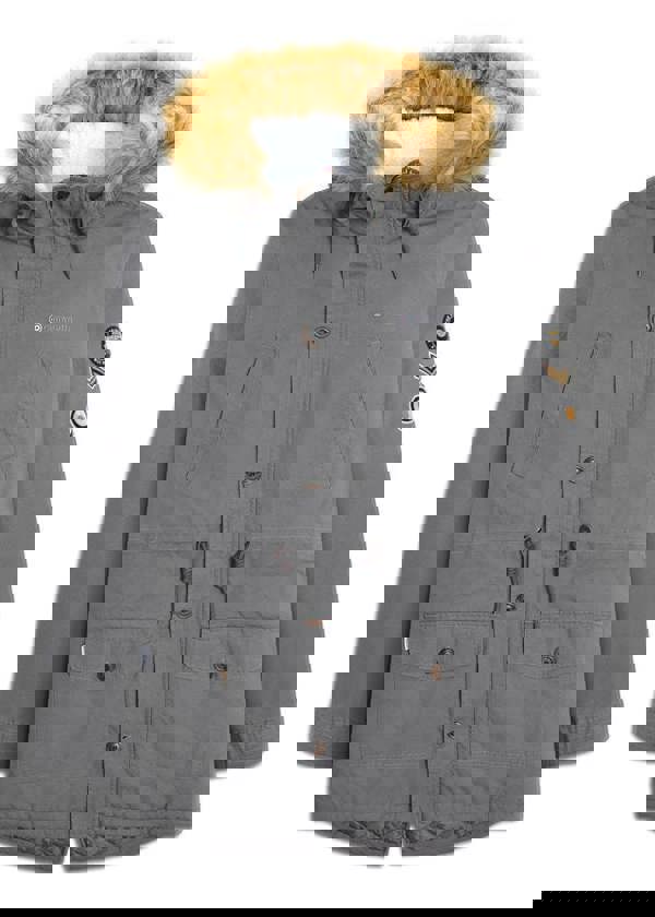 Lambretta Mens/Womens Carnaby Scooter Hooded Classic Mod Ska Badge Parka, gray parka with faux fur-lined hood and various badge patches on the sleeve.