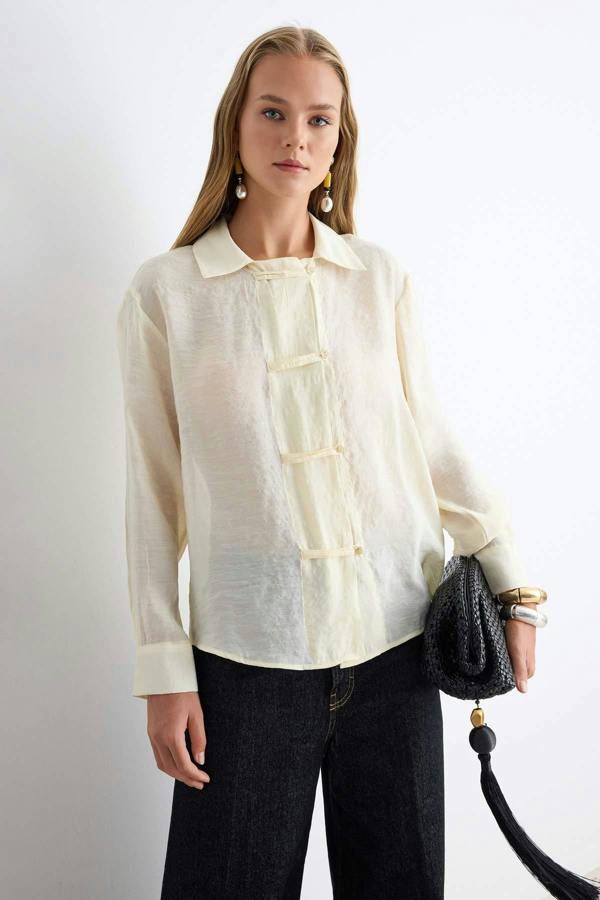 WOVCOR Relaxed Fit Long Sleeve Shirt with Tie Detail