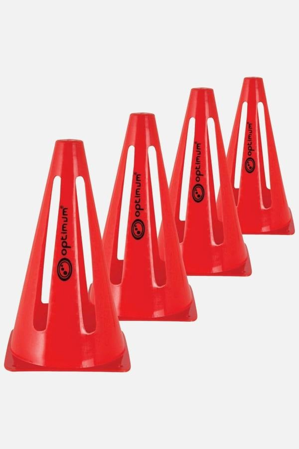 Four red Optimum collapsible training marker cones with black logo, in a row on white - Optimum