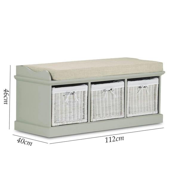 Statement Furniture Tetbury Bench with 3 White Wicker Baskets and Cushion, Assembled Hallway Storage