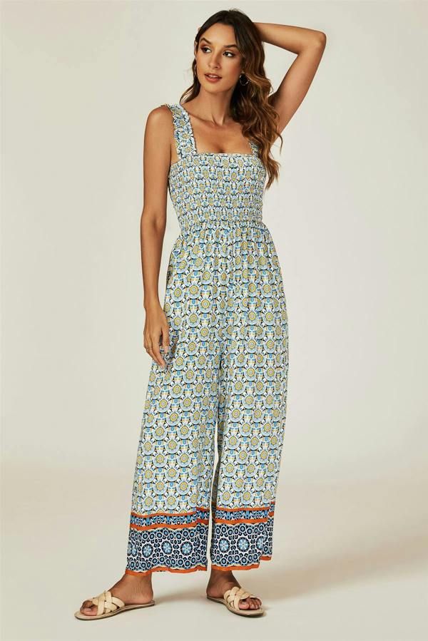 FS Collection Geo Print Stretchy Smocked Wide Leg Jumpsuit In Blue