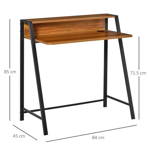 Walnut two-tier computer desk with black legs; 84x45 cm top.