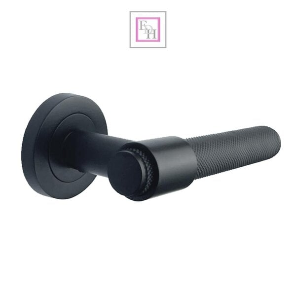 EDH Door Hardware Knurled Door Handles Matt Black Loop & Neck Lever on Round Rose Latch
