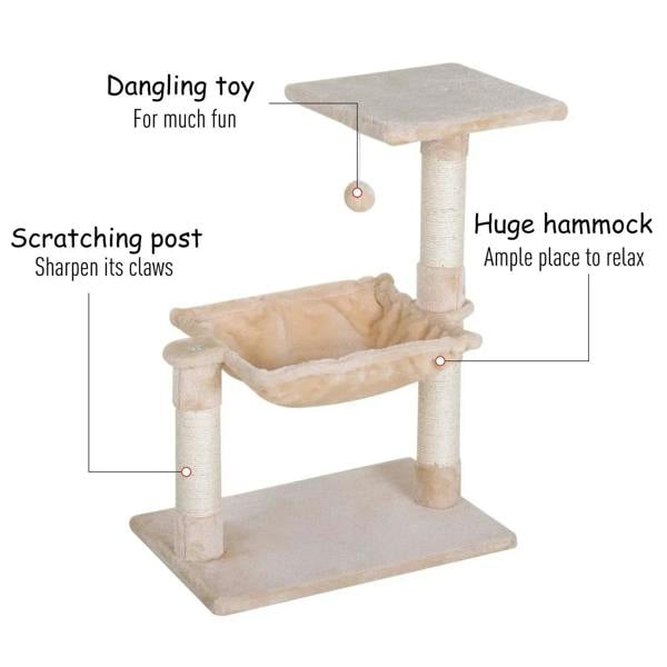 Beige cat scratch post with hanging toy ball and hammock bed between sisal posts