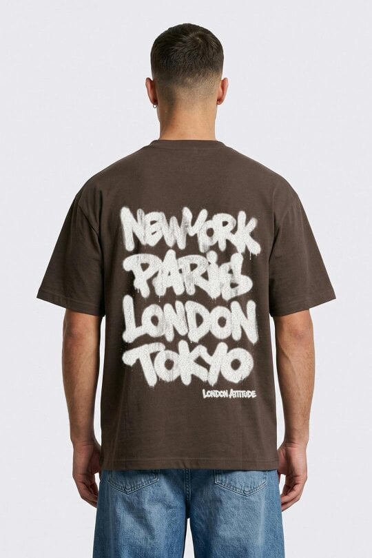London Attitude Oversized Heavyweight City Graffiti Graphic T-Shirt - Dark Chocolate
