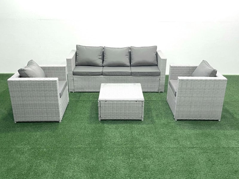 Fimous 5 Seater Rattan Garden Furniture Set with 3 Seater Sofa 2 Chair Square Coffee Table Light Grey Mixed