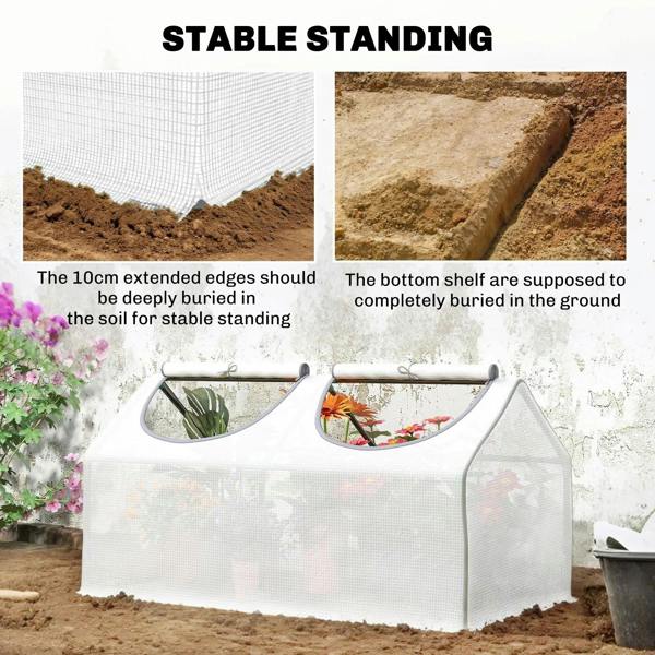 White portable mini greenhouse with stabilizing base edges for ground setup