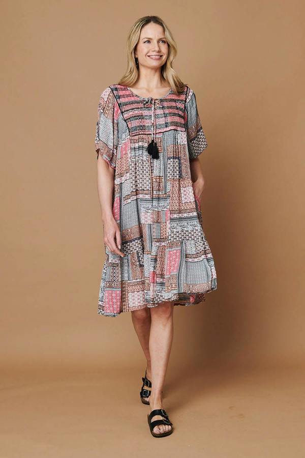 Pink | Patchwork Tassel Knee Length Smock Dress
