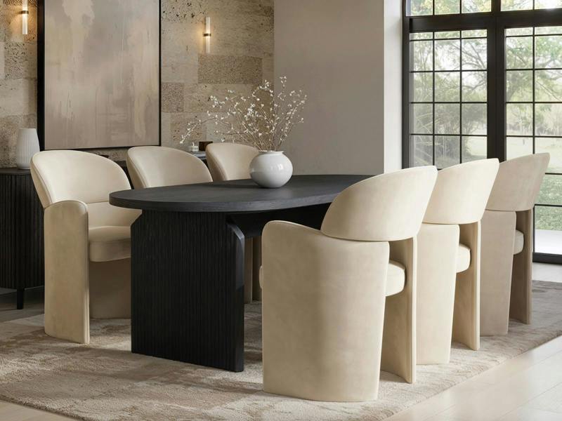 Varm & Estella Black Dining Table with Velvet Chairs-Table + 6 Chairs-Beige