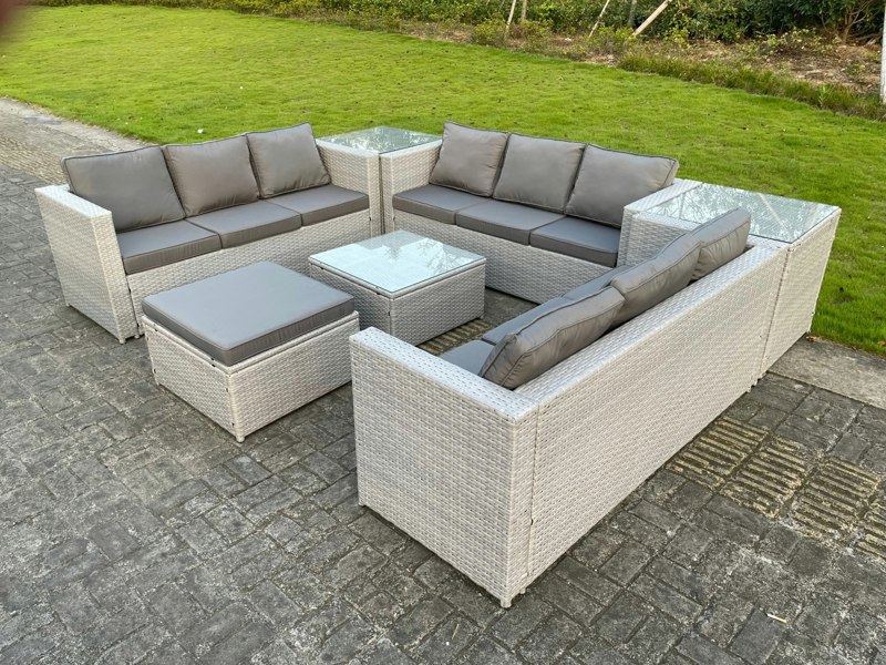 Fimous Rattan Outdoor Garden Furniture Set with 3 Sofas, Coffee Table, 2 Side Tables, 1 Footstool - 10 Seater - Light Grey