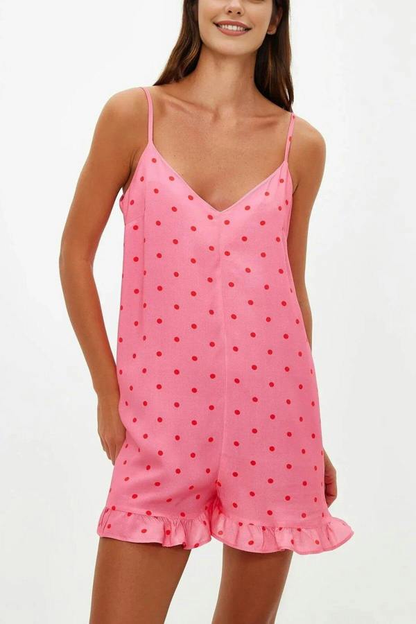 WOVCOR Polka Dot Ruffled Strappy Viscose Woven Playsuıt