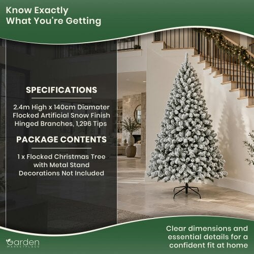 Flocked Woodcote Spruce Christmas Tree 2.4m – Snow Effect Tree with 1296 Tips, Hinged Branches & Metal Stand