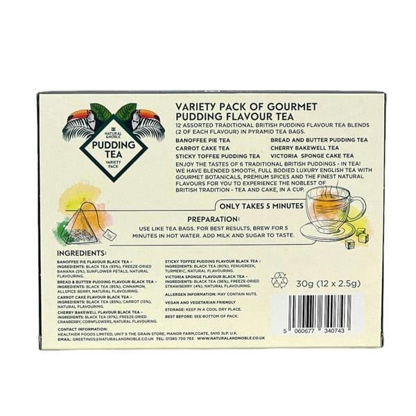 Rear of Natural & Noble Pudding Tea box Showing Instructions and Ingredients.
