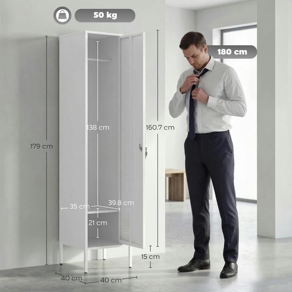 HOMCOM Metal Locker Cabinet with Hanging Rod, Lock and Key, 40x40x179cm