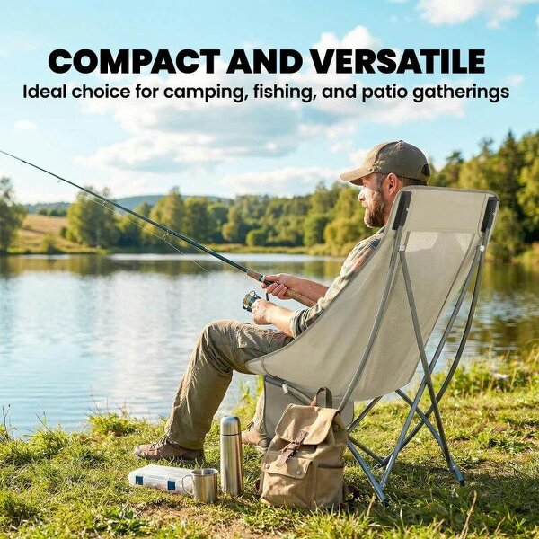 Camping Chair for Adults Heavy Duty Folding Camp Chair with Side Pocket and Carry Bag Khaki