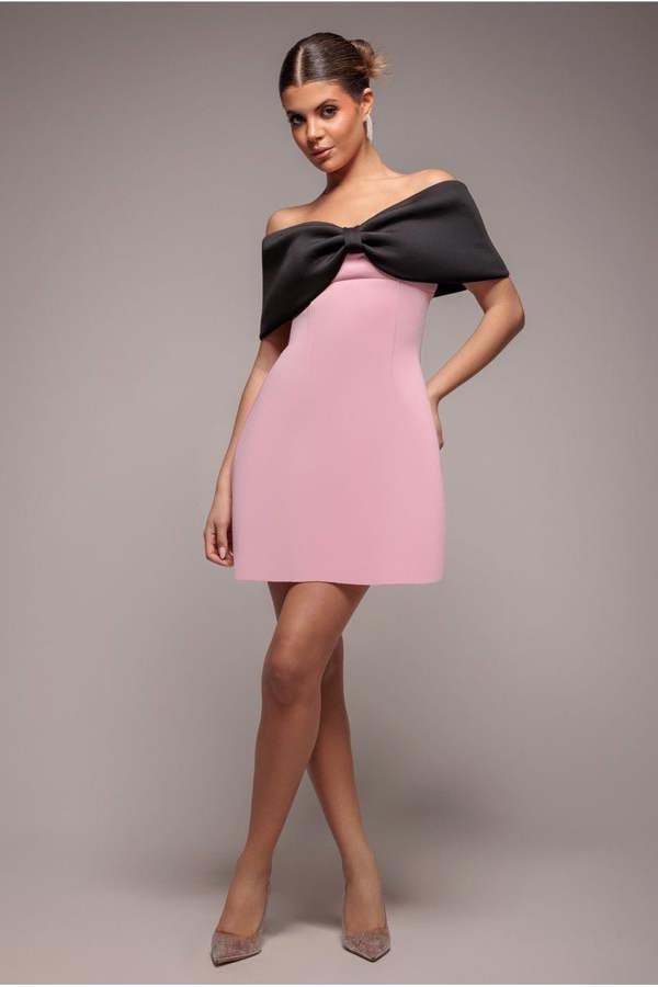 Front Bow Off The Shoulder Mini Dress - Blush Black DR4613CONTRAST