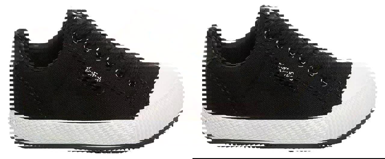 Rocket Dog Cheery Low Womens Casual Lace Up Canvas Shoes Trainers, black women's casual low-top lace-up sneakers with white rubber soles.