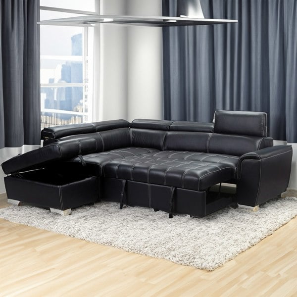 Furnishings For Less Nevada Black Leather Corner Sofa Bed Tilting Headrest + Storage Ottoman