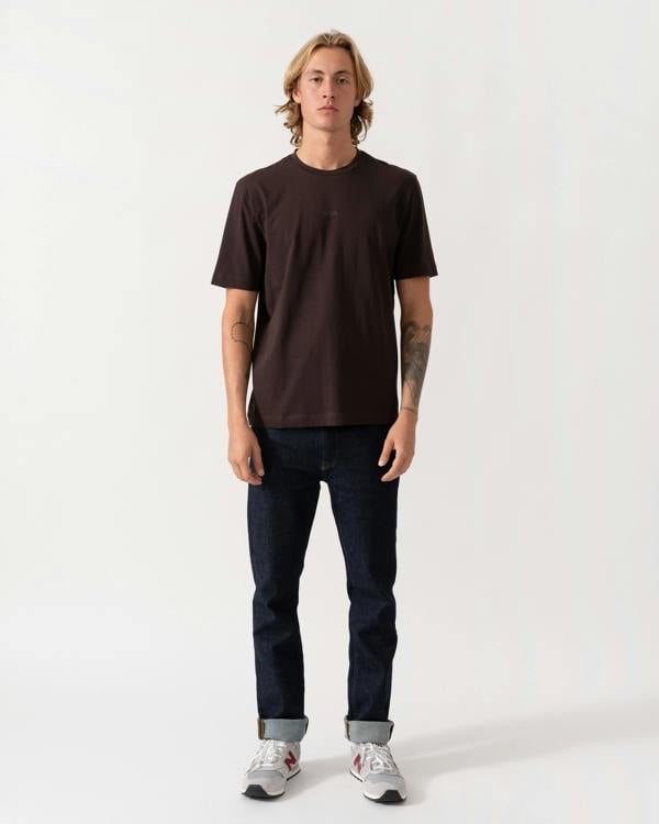 Outfit shot of the BOSS Orange TChup Mens Crew Neck Small Logo T-Shirt - Dark Brown 207