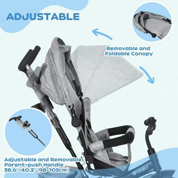 Grey kids trike with foldable canopy, padded seat, adjustable parent handle