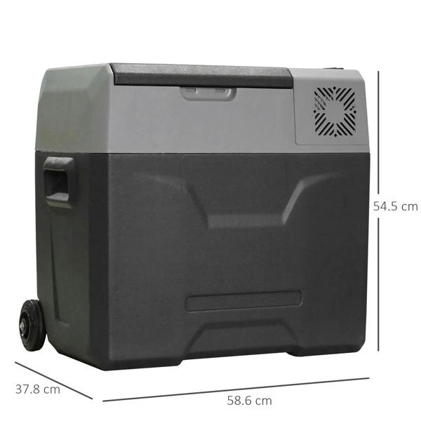 Grey portable refrigerator cooler box with wheels, front door, and top handle