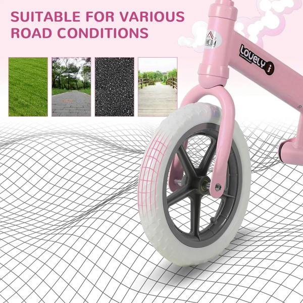 Pink kids balance bike front wheel with EVA tire for varied road surfaces