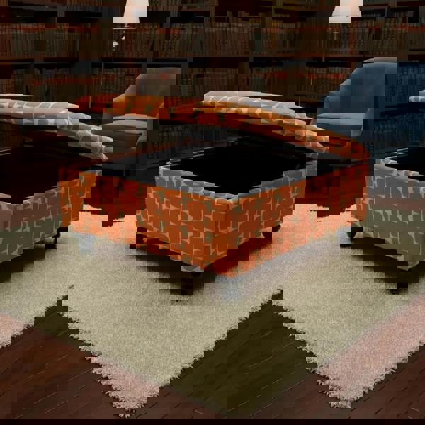 Multi-functional square pouffe used as coffee table and seating