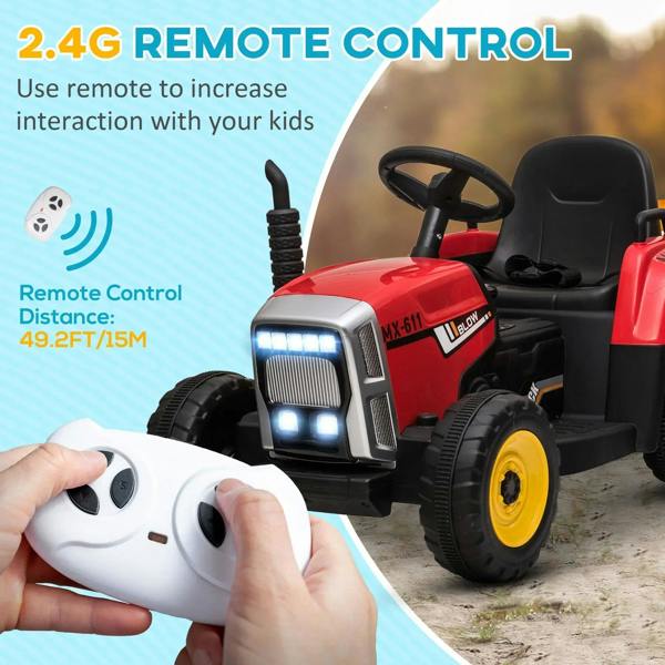 Red ride-on tractor with detachable yellow trailer and 2.4G remote controller