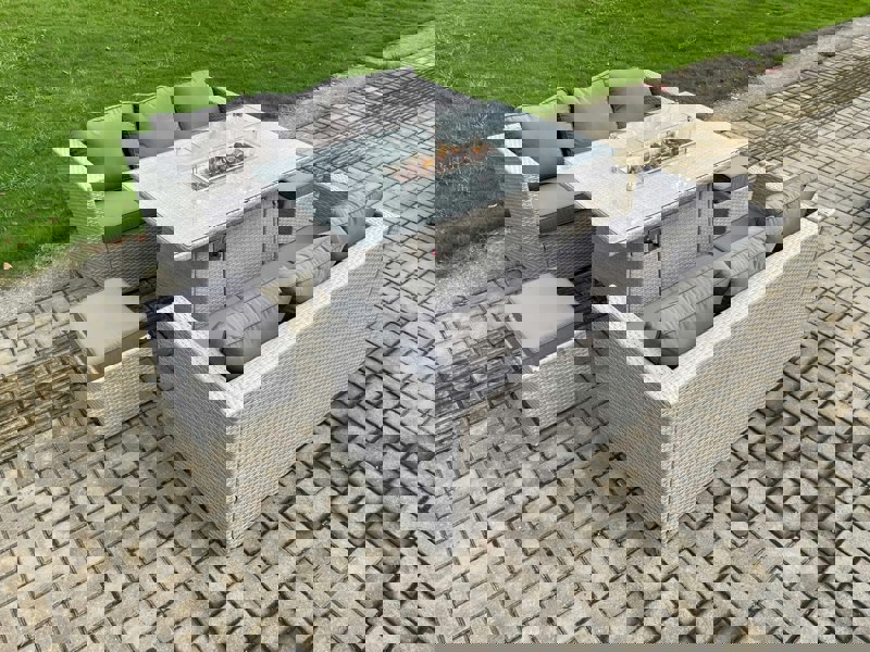 Fimous Garden Dining Sets Outdoor PE Rattan Furniture Gas Fire Pit Dining Table Gas Heater with 2 Small Footstool Light Grey