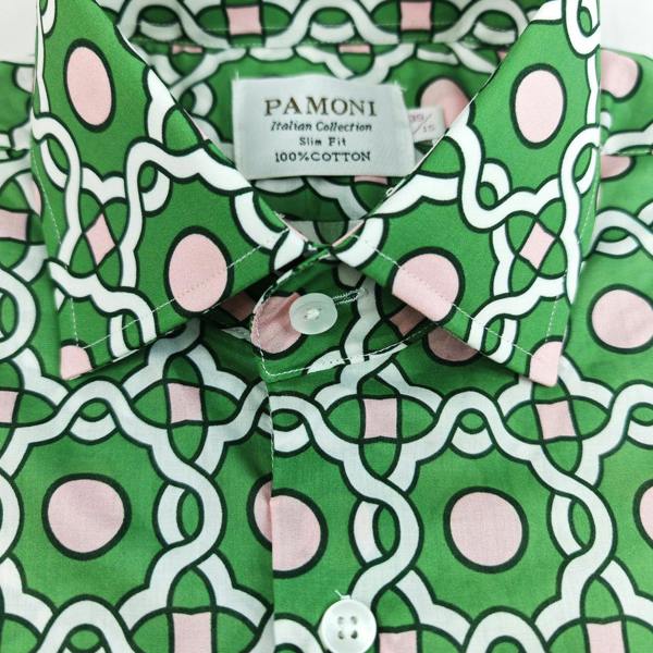 Green with Pink and White Geometric Print Shirt