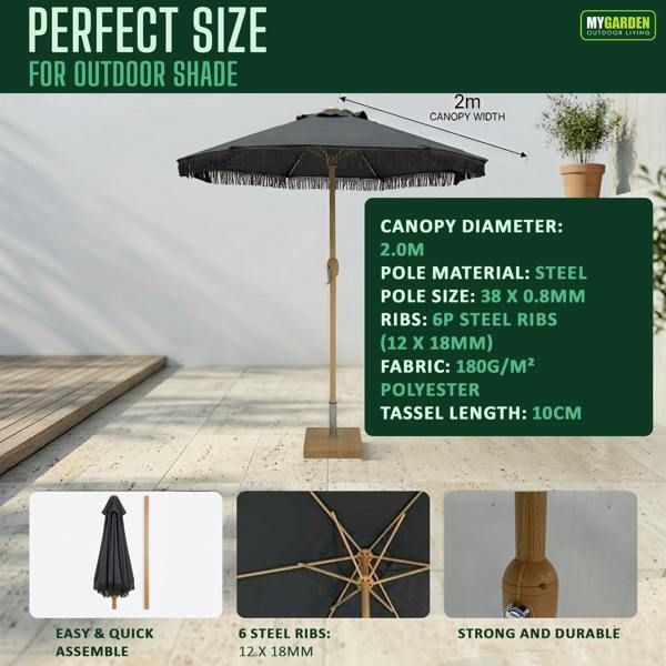 My Garden Outdoor Living Parasol Umbrella 2M - Outdoor Sun Umbrella with Tassels, Air Vent, Steel Pole & Carry Bag for Patio Umbrella Parasol