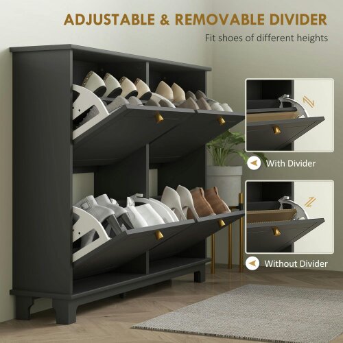 Wyld Haus Serodo Wooden Black Slim Shoe Cupboard With 4 Flip Drawer For 16 Pairs