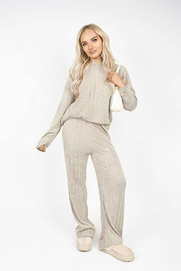 Zayana Hooded Ribbed Oversized Top And Wide Leg Lounge Co-ord Set - Stone