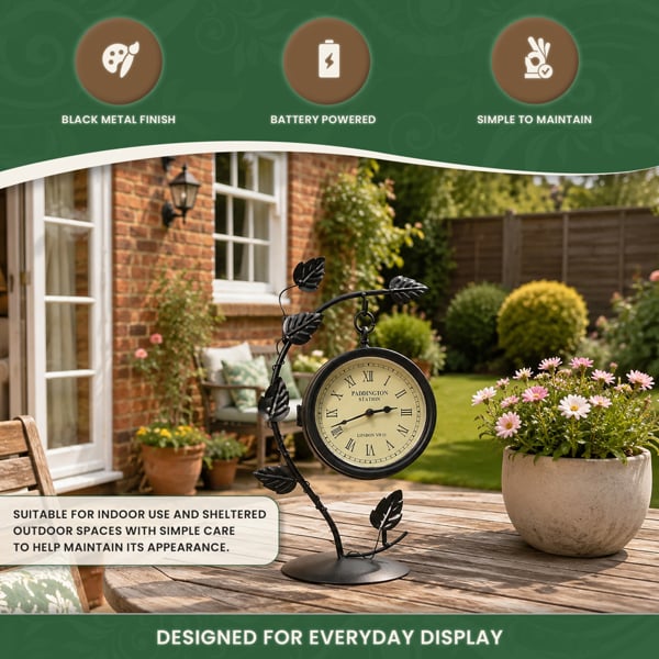 Double Sided Leaf Design Garden Clock in Black Metal
