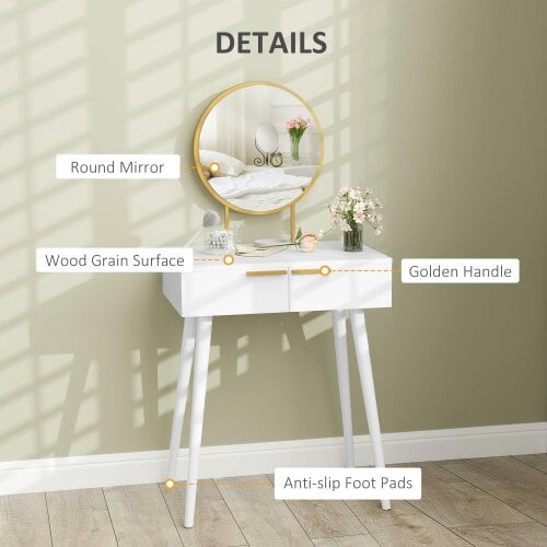 Wyld Haus Sovaha White Elegant Dressing Table With Round Mirror 60 x 40 x 123cm