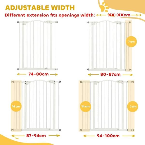White adjustable dog safety gate width diagram with different opening sizes