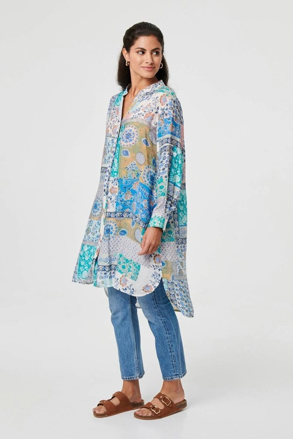 Blue | Patchwork Print Longline Tunic Shirt 

