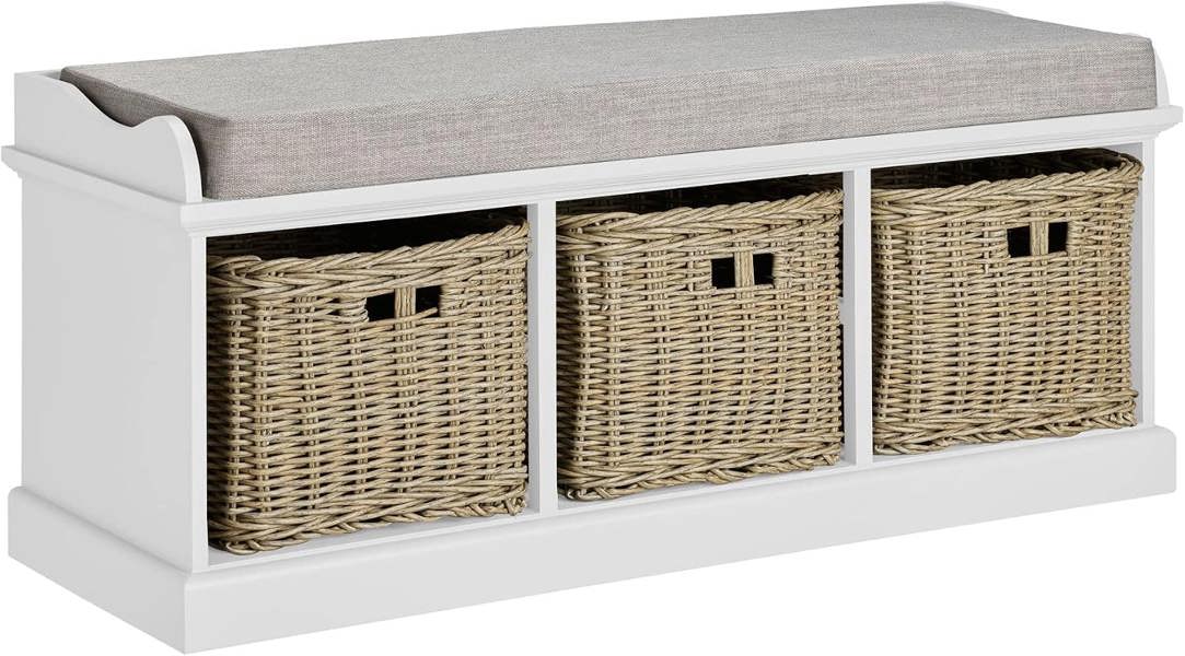 Tetbury White Storage Bench with 3 Strong Wicker Baskets and Cushion Seat