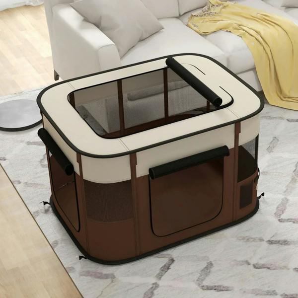 Brown foldable dog playpen with black top cover, mesh sides, and front entry